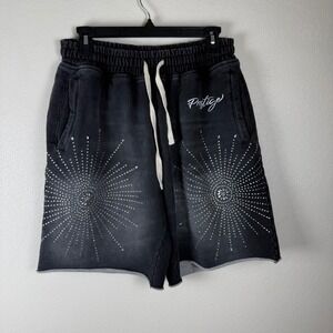 Prestige Mens Rhinestone Sunburst Shorts Faded Black Streetwear Fleece Medium